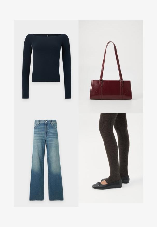 Haut ajusté bleu marine à manches longues avec un large décolleté carré, sans motifs ni logos visibles.; Jean en denim bleu taille haute avec une coupe large, poches avant, fermeture par boutons et détails délavés sur les cuisses et le bas des jambes.; Jambes portant des leggings côtelés foncés associés à des ballerines noires avec de petits détails en nœud sur fond blanc.; Sac à main bordeaux en matériau brillant, de forme rectangulaire, avec deux anses et des accents légèrement courbés à l'avant.