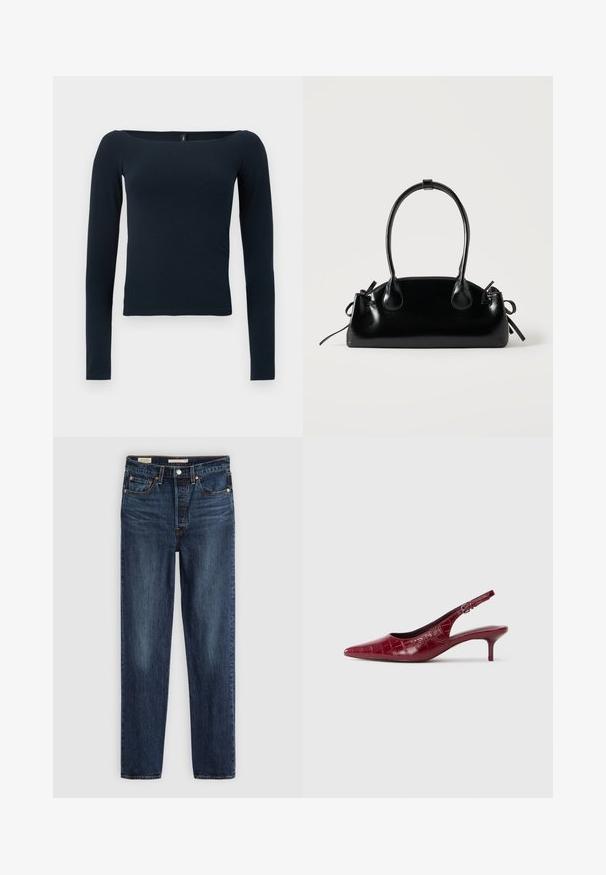 Marineblaues, langärmliges, figurbetontes Oberteil mit weitem, quadratischem Ausschnitt ohne sichtbare Muster oder Logos.; Dunkelblaue gerade geschnittene Jeans mit fünf Taschen, Knopf- und Reißverschluss und kontrastierenden Nähten.; Burgunderfarbene Leder-Slingback-Pumpe mit Krokodilleder-Textur, spitzem Zehenbereich, verstellbarem Riemen mit Schnalle und niedrigem Kitten-Absatz auf einem weißen Hintergrund.; Kleine schwarze glänzende Handtasche mit zwei langen Griffen und seitlichen Kordelzug-Details vor einfachem hellem Hintergrund.