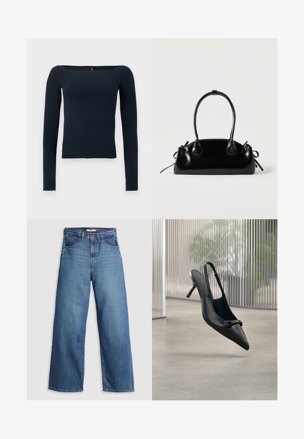 Top ajustado de manga larga en azul marino con un escote cuadrado amplio y sin patrones ni logotipos visibles.; Jeans de mezclilla azul de pierna ancha con cintura alta, que cuentan con cinco bolsillos, costuras en contraste y cierre de cremallera.; Zapato de tacón alto slingback de cuero negro texturizado con punta picuda y una pequeña hebilla decorativa, flotando sobre un suelo liso.; Pequeño bolso negro brillante con dos asas largas y detalles de cordón lateral sobre un fondo claro liso.