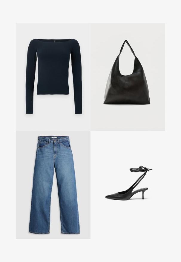 Top ajustado de manga larga en azul marino con un escote cuadrado amplio y sin patrones ni logotipos visibles.; Jeans de mezclilla azul de pierna ancha con cintura alta, que cuentan con cinco bolsillos, costuras en contraste y cierre de cremallera.; Zapato de charol negro con tacón de aguja y punta afilada, con la parte trasera abierta y correas en los tobillos atadas en forma de lazo. Tacón delgado de 3 pulgadas. Textura suave, diseño minimalista.; Bolso de hombro de cuero negro liso con una correa ancha y única y un diseño desenfadado y minimalista sobre un fondo sencillo.
