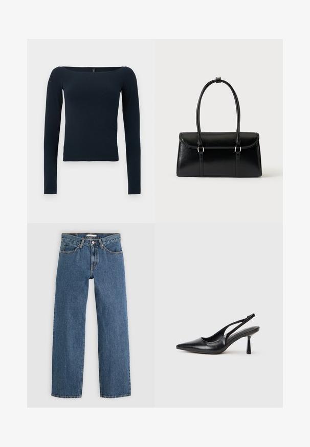 Haut ajusté bleu marine à manches longues avec un large décolleté carré, sans motifs ni logos visibles.; Jean en denim bleu avec une coupe droite, comportant cinq poches, une fermeture à bouton et des coutures contrastées le long des coutures.; Chaussure à talon haut en cuir noir, à bride arrière, avec un bout pointu et un talon fin sur fond blanc.; Sac à main rectangulaire en cuir noir avec fermeture à rabat et deux longues anses sur fond blanc uni.