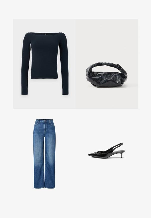 Marineblå langærmet tætsiddende bluse med en bred firkantet halsudskæring uden synlige mønstre eller logoer.; Bredbenede blå denimjeans med høj talje, med slidte områder, traditionelt fem-lomme design og knaplukning foran.; Sorte læder slingback-pumps med spids tå, lav kitten-hæl og rynket detalje på overdelen. Glat tekstur og minimalistisk design.; Sort taske lavet af blankt, tekstureret materiale med et cirkulært, snoet håndtag og lynlås. Har et blødt, rynket design.