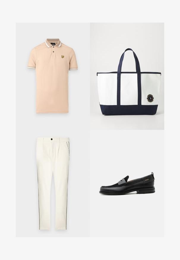 Polo beige en coton, avec un plastron à deux boutons, des accents rayés blancs sur le col et les manches, ainsi qu'un logo jaune sur la poitrine.; Pantalon à rayures blanches avec une coupe décontractée, doté d'une bande latérale noire, d'une fermeture à boutons et de plis à l'avant pour un détail de design supplémentaire.; Mocassin en cuir noir avec détail de bride grise, talon bas et semelle texturée, marqué "HUGO" en or sur le côté.; Sac fourre-tout en toile blanche avec des accents bleu marine. Dispose de deux poignées robustes et d'un écusson logo à l'avant. Forme rectangulaire.
