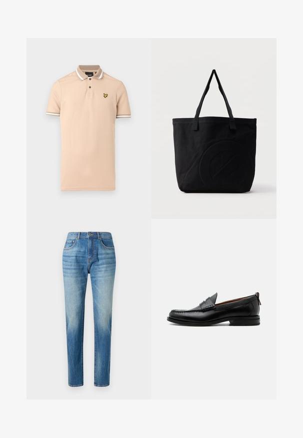 Beige poloshirt van katoen, met een knoopsluiting met twee knopen, witte streepaccenten op de kraag en mouwen, en een geel logo op de borst.; Lichtblauwe denim jeans met een rechte pijp, voorzien van een hoge taille, subtiele vervaging en klassieke vijf-pocket stijl. Metalen knoopsluiting.; Zwarte leren herensloffen met moc toe stiksel, pennyriem, gestructureerde kraag en lage gestapelde hak op witte achtergrond.; Zwarte canvas tas met twee schouderbanden en een subtiel, ingebosseleerd cirkelvormig ontwerp aan de voorkant.