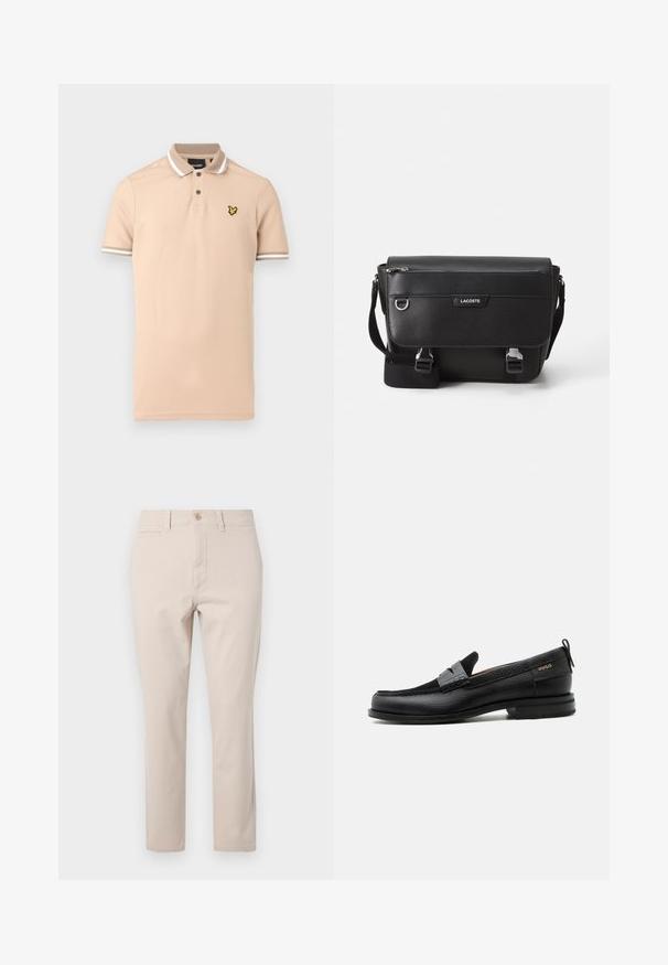 Polo beige hecho de algodón, con una tapeta de dos botones, detalles de rayas blancas en el cuello y las mangas, y un logo amarillo en el pecho.; Pantalones de algodón beige con corte recto, que cuentan con un cierre de botón en la parte frontal, presillas para cinturón y un bolsillo trasero. Textura suave.; Mocasín de cuero negro con detalle de tira gris, tacón bajo y suela texturizada, con la marca "HUGO" en oro en el lateral.; Bolso mensajero Lacoste negro texturizado con correa ajustable, tapa frontal, bolsillo con cremallera y cierres de hebilla metálica.