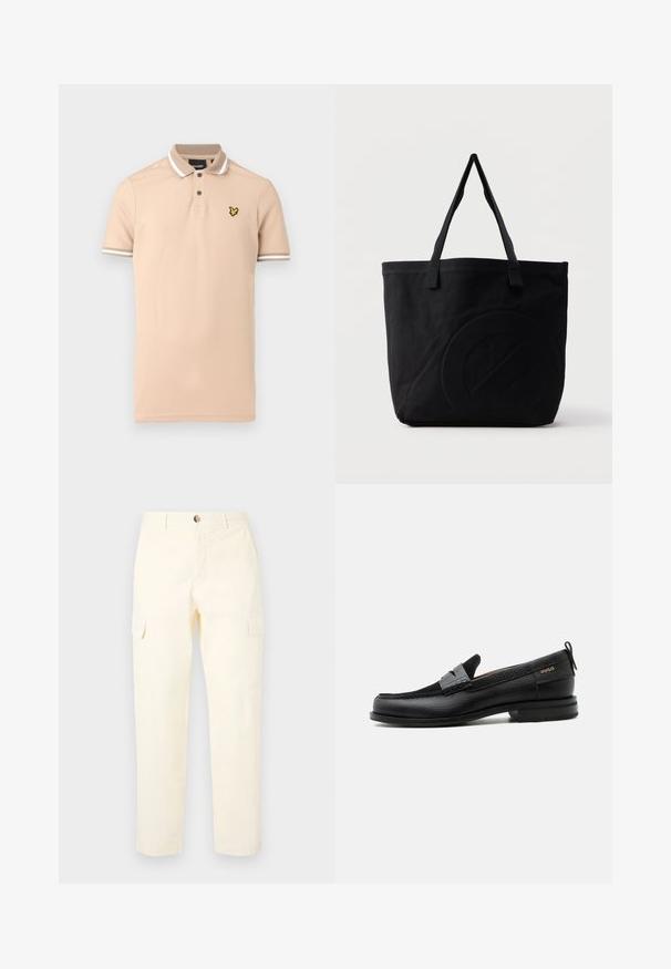 Beige poloshirt lavet af bomuld med en to-knaps lukning, hvide stribede detaljer på kraven og ærmerne, samt en gul logo på brystet.; Lys gule cargobukser lavet af bomuld, med sidelommer og lige ben design, med en knaplukning i taljen.; Sort læderloafer med grå remdetalje, lav hæl og tekstureret sål, mærket med "HUGO" i guld på siden.; Sort canvas-tote-taske med to skulderstropper og et diskret præget cirkeldesign på fronten.