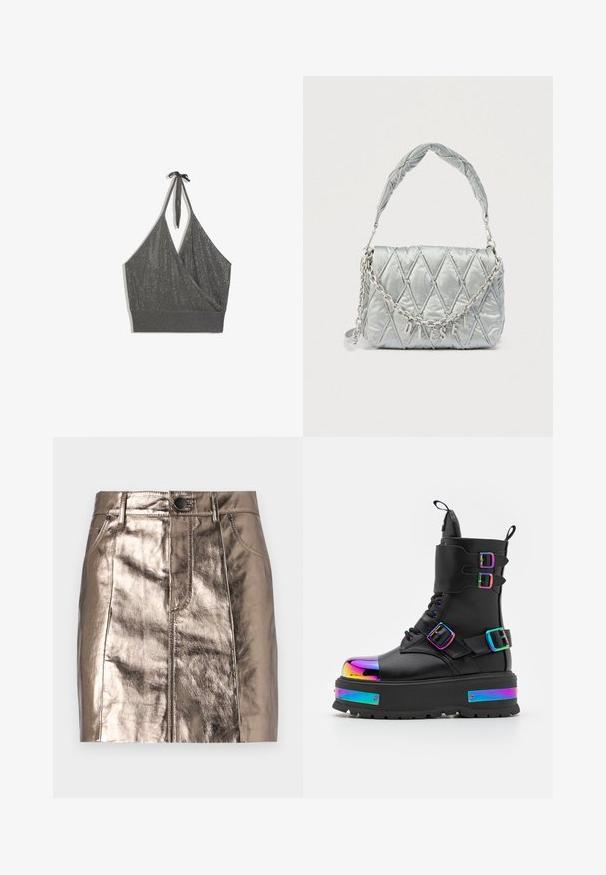 Sivý pletený crop top s halter neck, prednou časťou so zavinovacím vzhľadom a širokým rebrovaným lemom na bielom pozadí.; Metalická bronzová mini sukňa z denimu so štýlovým strihom, prednými vreckami a pásom so zapínaním na gombík. Hladká a lesklá textúra.; Koi Footwear COSMIC FIRE METAL PLATFORM BOOTS - Členkové šnurovacie čižmy - black/multi-coloured; Prešívaná strieborná kabelka s retiazkou na rameno, na prednej strane s nápisom značky "DIESEL" v metalických písmenách. Mäkká textúra.