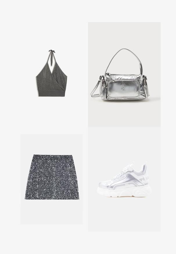 Grijze halterhals gebreide crop top met overslag voorzijde en brede geribde zoom op witte achtergrond.; Zilveren pailletten mini rok met een textuurpatroon en een rechte snit. De stof lijkt glanzend en reflecterend.; Witte en zilveren chunky sneaker met dikke, gestructureerde zool, mesh en synthetische panelen, afgeronde neus en trek-lus aan de hiel.; Metalen zilveren handtas met een rechthoekige vorm, bovenrits en een voorkantvak. Voorzien van een korte handgreep en een verstelbare schouderband. Gestructureerde afwerking.