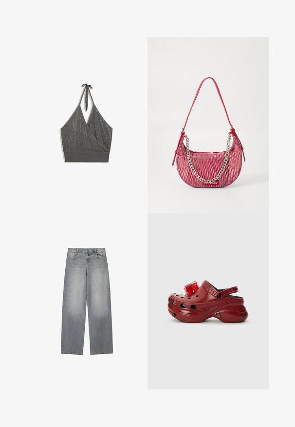 Crop top gris en maille à col halter, devant style cache-cœur et large bord-côte sur fond blanc.; Jean en denim gris à jambes larges avec une finition légèrement décolorée, doté de cinq poches, d'une fermeture à bouton à l'avant et de passants de ceinture.; Sabot en plastique rouge avec des trous de ventilation, un talon surélevé et une décoration florale sur le dessus. Présente une sangle à l'arrière et des bords texturés.; Sac à main perforé rouge en forme arrondie, avec une accent en chaîne argentée et une bandoulière assortie. Logo affiché à l'avant.