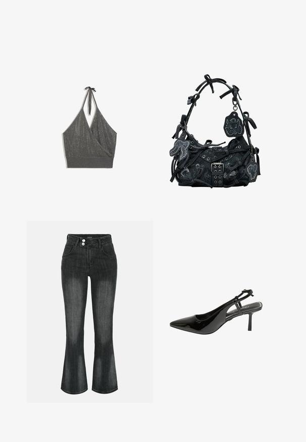 Grijze halterhals gebreide crop top met overslag voorzijde en brede geribde zoom op witte achtergrond.; Zwart gewassen denim jeans met hoge taille, dubbele knoopsluiting, voorzakken en licht uitlopende pijpen.; Zwarte gepatineerde leren slingback pump met een spitse neus, slanke hak en een enkelbandje. Beschikt over een uitsnijdontwerp aan de zijkant.; Desigual MARÍA ESCOTÉ - Handtas - black