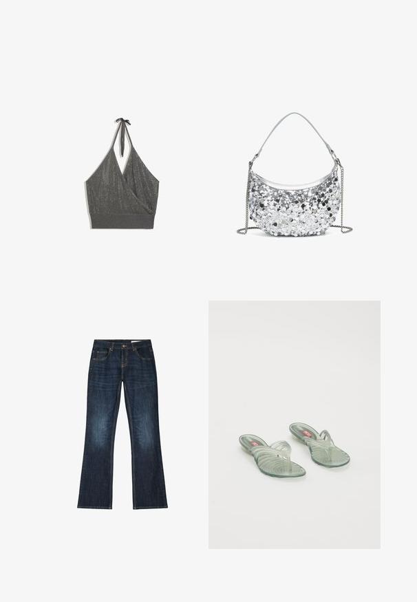 Grijze halterhals gebreide crop top met overslag voorzijde en brede geribde zoom op witte achtergrond.; Donkerblauwe spijkerbroek met rechte pijpen, vijf zakken en contrasterende stiksels op een witte achtergrond.; Transparante jelly sandalen met een golfvormig ontwerp, voorzien van een tussenstuk en een gegroefd zoolpatroon. Kleuren zijn onder andere lichtgroen en transparante tinten.; Kleine zilveren handtas bedekt met reflecterende pailletten, voorzien van een korte handgreep en een afneembare zilveren kettingband.
