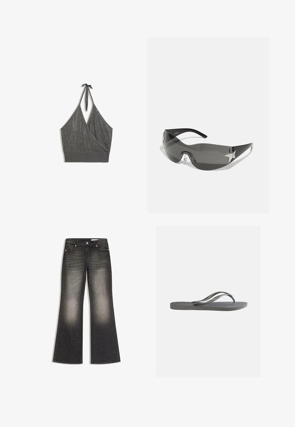 Graues Neckholder-Strick-Crop-Top mit Wickel-Front und breitem geripptem Saum vor weißem Hintergrund.; Schwarz gewaschene Flared-Jeans mit Vorderseitentaschen, Gürtelschlaufen und einem Knopfverschluss, flach auf einem weißen Hintergrund liegend.; Flache graue Flip-Flop-Sandale mit strukturiertem Fußbett und dünnen Y-förmigen Riemen, von der Seite vor einem schlichten hellen Hintergrund gezeigt.; Schwarze Sonnenbrille mit wrap-around Design, dunkel getönten Gläsern, glänzenden, sternförmigen Akzenten und verstellbaren Nasenpads.