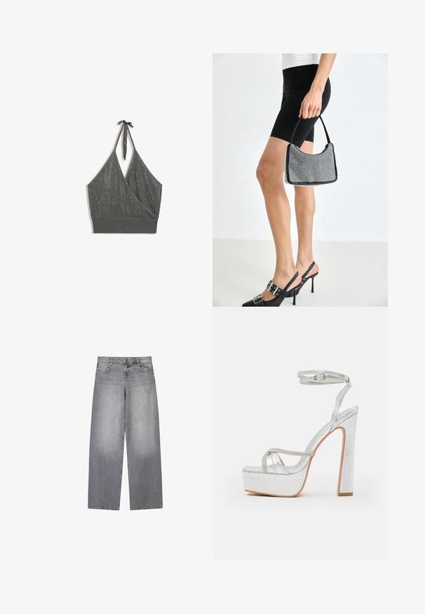 Grå halterneck strikket croptop med omslag foran og bred ribbet kant på hvid baggrund.; Bredde-grå denim jeans med en let falmet finish, der har fem lommer, lukning med knap foran og bæltestropper.; Sølv platform sandaler med tekstureret materiale, ankelrem og rhinsten accent. Firkantet tå og høj blokhælkonstruktion.; Sort perlehandtaske med en buet silhuet, bærehåndtag og blank overflade. Båret med højhælede sorte sko og tætsiddende sorte shorts.