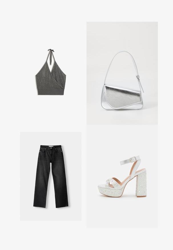 Sivý pletený crop top s halter neck, prednou časťou so zavinovacím vzhľadom a širokým rebrovaným lemom na bielom pozadí.; Bershka Džínsy s rovným strihom - mottled dark grey; Biele platformové sandále s metalickým finišom, so zlomenými pásmi, pásikom okolo členka a blokovým opätkom ozdobeným trblietavými kamienkami.; Strieborná kovová kabelka s trojuholníkovým tvarom, hladkým povrchom a tenkým, nastaviteľným ramenným popruhom. Má preklápací dizajn s prešitím.