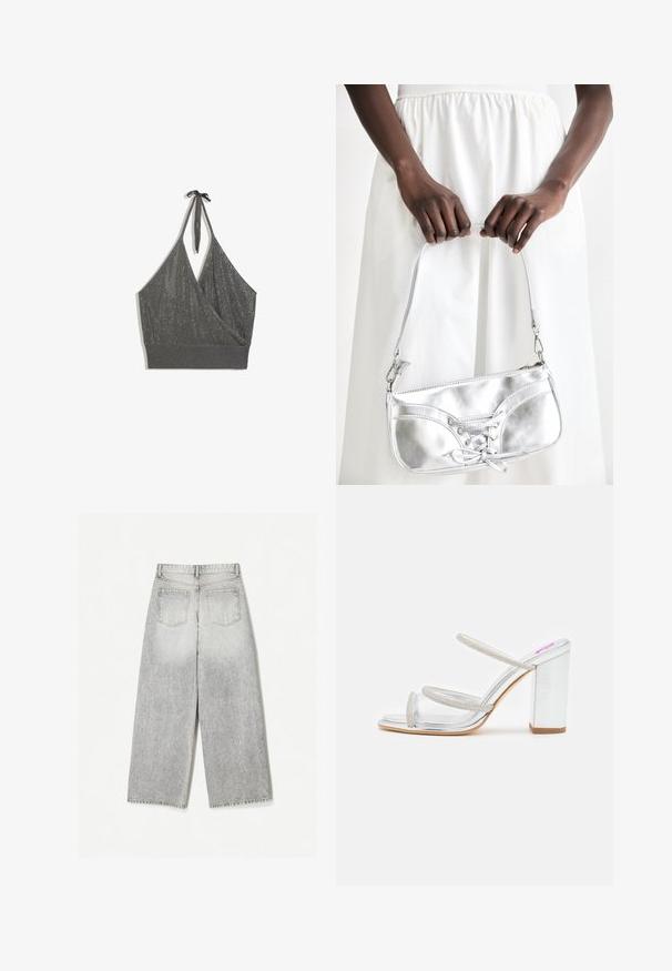 Grå halterneck strikket croptop med omslag foran og bred ribbet kant på hvid baggrund.; Løse grå denim jeans med et falmet udseende, med to baglommer og rå kanter.; Bettina Vermillon CARMEN - Mules med hæl - silver; Sølvmetallic håndtaske med snøredetaljer, der har et slankt design og en kort strop. Tasken holdes i hænderne for at fremvise dens tekstur.