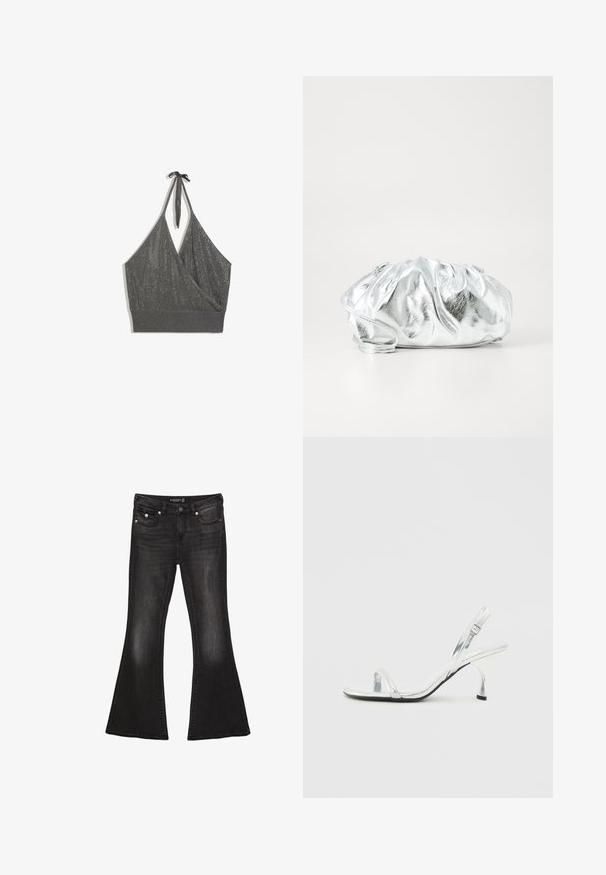 Crop top gris en maille à col halter, devant style cache-cœur et large bord-côte sur fond blanc.; Jean évasé noir en denim avec une taille mi-haute, comportant cinq poches, des coutures contrastantes et des accents en matériel argenté.; Sandales à talons hauts en cuir verni argenté avec une fine bride au niveau des orteils, une boucle réglable et un talon élancé.; Pochette argent métallique avec un corps doux et froncé et une fine bandoulière. Présente une texture lisse et brillante ainsi qu'une forme arrondie.