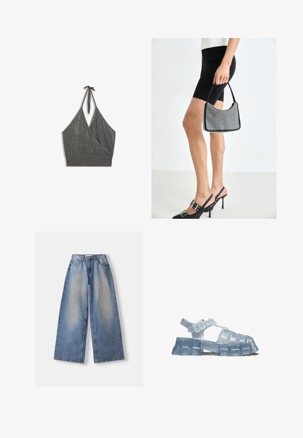Grå halterneck strikket croptop med omslag foran og bred ribbet kant på hvid baggrund.; Lyseblå vidde jeans med falmet front, fem-lomme stil, knap- og lynlåslukning, lagt fladt på en hvid baggrund.; Gennemsigtig jelly sandal med tyk, tekstureret sål og justerbar spænde, med glimmer i hele det transparente materiale.; Sort perlehandtaske med en buet silhuet, bærehåndtag og blank overflade. Båret med højhælede sorte sko og tætsiddende sorte shorts.