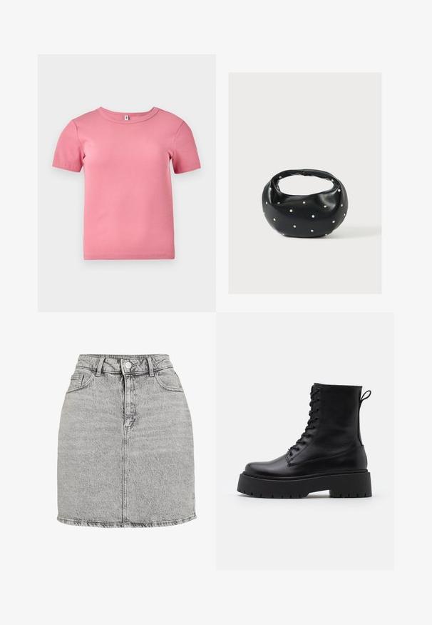 Kurze Ärmel, pinkes, geripptes T-Shirt aus weichem Stoff, mit Rundhalsausschnitt und leicht tailliertem Design.; Grauer Jeansrock mit hoher Taille, vorderem Knopfverschluss und zwei Seitentaschen. Mit einem ausgefransten Saum und einer dezenten Stone-Washed-Optik.; Schwarze Lederstiefeletten mit runder Zehenpartie, Schnürung vorne und einer dicken Gummisohle mit strukturiertem Profil. Mit Zugschlaufe an der Rückseite.; Schwarze Lederhandtasche mit abgerundeter Form, verziert mit silbernen Nietenakzenten und kurzem Griff. Glatte Struktur und Reißverschlussverschluss.