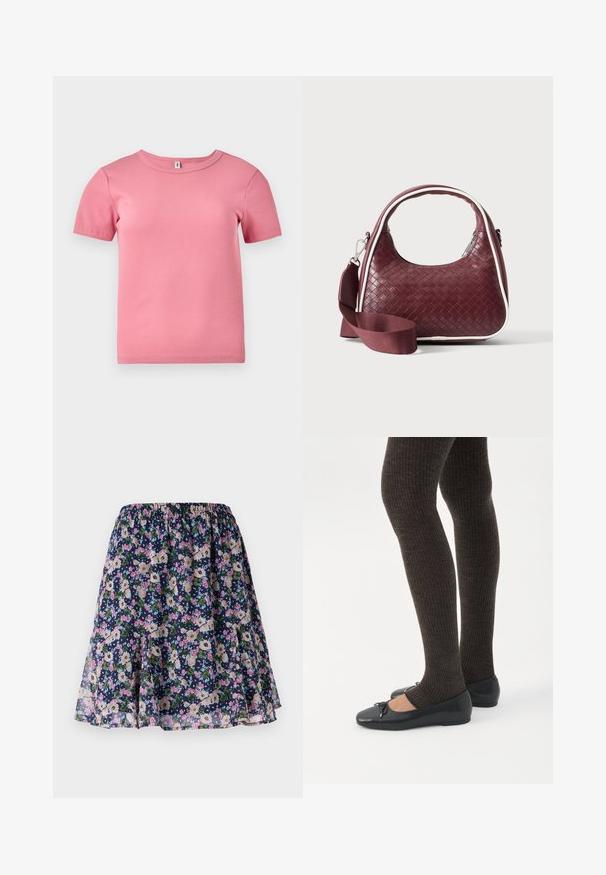 Kurze Ärmel, pinkes, geripptes T-Shirt aus weichem Stoff, mit Rundhalsausschnitt und leicht tailliertem Design.; Blumenrock mit elastischem Taillenbund. Verfügt über einen dunkelblauen Hintergrund mit rosa, weißen und grünen Blumenmustern. Fließender, leichter Stoff.; Beine in dunklen, gerippten Leggings kombiniert mit schwarzen Ballerinas mit kleinen Schleifendetails auf weißem Hintergrund.; Dunkelrote gewebte Ledertasche mit gebogenem Griff, weißem Besatz, silbernem Reißverschluss und abnehmbarem breitem Stoff-Schulterriemen vor einfarbigem Hintergrund.