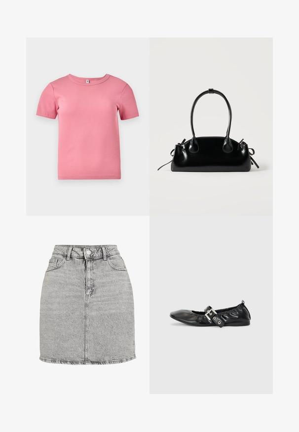 Kortærmet lyserød ribbet T-shirt lavet af blødt stof, med rund halsudskæring og en let tætsiddende pasform.; Grå denimnederdel med høj talje, frontknaplukning og to sidelommer. Har en rippet kant og en subtil stone-washed tekstur.; Sorte læder flade sko med spids tå, samling detaljer omkring åbningen, og en sølv spænde accent på den justerbare rem.; Lille sort blank håndtaske med to lange håndtag og snøre-detaljer i siden på en ensfarvet lys baggrund.