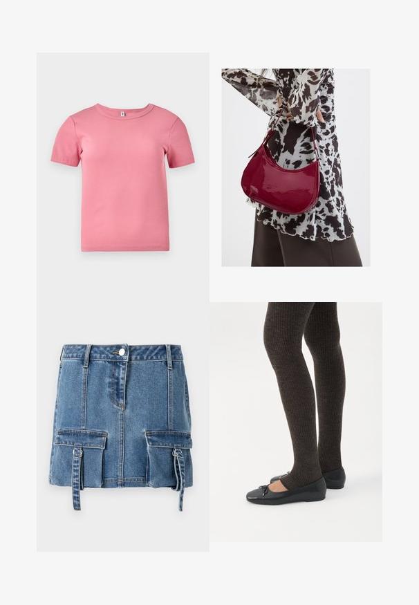 Korte mouwen roze geribbelde T-shirt gemaakt van zachte stof, met een ronde halslijn en een iets getailleerd ontwerp.; Lichtblauwe denim minirok met een hoge taille, voorste knoopsluiting en twee voorzakken met verstelbare bandjes.; Benen met donkere geribbelde leggings gecombineerd met zwarte ballerina's met kleine strikdetails op een witte achtergrond.; Vrouw met een zwart-wit gebloemde blouse houdt een glanzende rode schoudertas vast tegen een effen achtergrond.