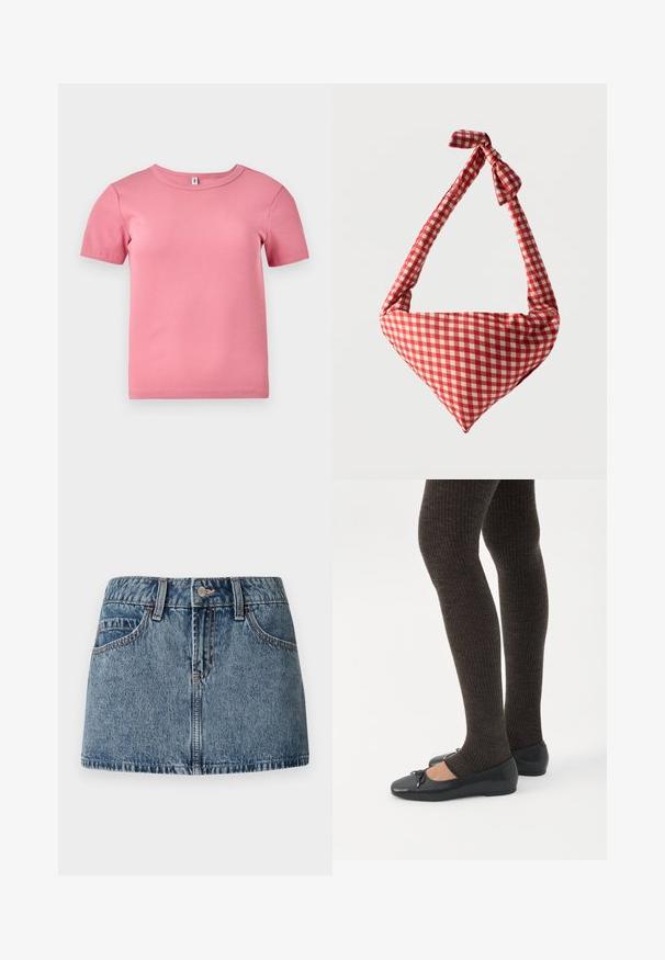 Kortærmet lyserød ribbet T-shirt lavet af blødt stof, med rund halsudskæring og en let tætsiddende pasform.; Denim mini nederdel i middelblå vask, med en tætsiddende talje, forlommer og subtile syninger. Glat, struktureret stoffinish.; Ben iført mørke ribbede leggings kombineret med sorte balletsko med små sløjfedetaljer på hvid baggrund.; Blød stofskuldertaske med rødt og hvidt ternet mønster, håndtag med bundet knude og trekantet form mod en ensfarvet baggrund.