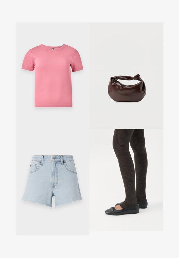 Kortærmet lyserød ribbet T-shirt lavet af blødt stof, med rund halsudskæring og en let tætsiddende pasform.; Lyseblå denimshorts med høj talje, frynsede kanter og fem lommer. Har metalknap og kontrastsying.; Ben iført mørke ribbede leggings kombineret med sorte balletsko med små sløjfedetaljer på hvid baggrund.; Mørkebrun læder skuldertaske med en blød, afslappet form og et snoet knudehåndtag på en ensartet hvid baggrund.