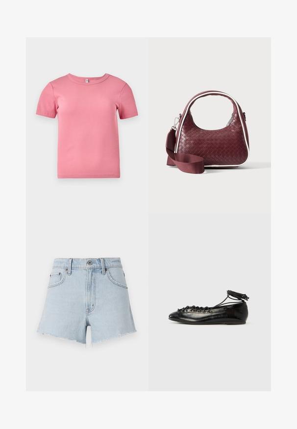 Kortærmet lyserød ribbet T-shirt lavet af blødt stof, med rund halsudskæring og en let tætsiddende pasform.; Lyseblå denimshorts med høj talje, frynsede kanter og fem lommer. Har metalknap og kontrastsying.; Sorte balletflade sko i laklæder med rundet tå, snørelukning og flad sål. Glat tekstur med få detaljer.; Mørkerød vævet lædertaske med buet hank, hvid kant, sølv lynlås og aftagelig bred stofskulderrem mod en ensfarvet baggrund.