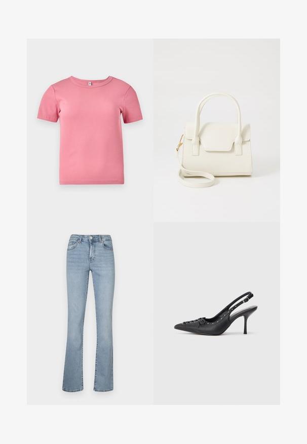 Kortærmet lyserød ribbet T-shirt lavet af blødt stof, med rund halsudskæring og en let tætsiddende pasform.; Lyseblå denim flared jeans med høj talje, der har lynlås- og knaplukning, fem lommer og diskret falmning langs benene.; Sorte læder slingback stiletto med spids tå, side spændebånd, nitter langs kanten og dekorativ snøring foran.; Lille hvid håndtaske med dobbelte håndtag, frontklap og aftagelig skulderrem med guldlås på hvid baggrund.