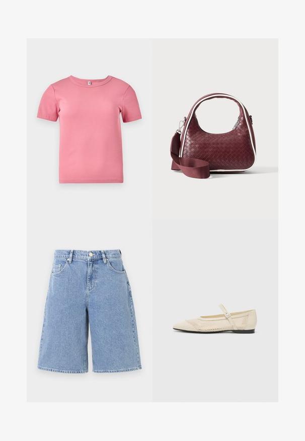 Kortærmet lyserød ribbet T-shirt lavet af blødt stof, med rund halsudskæring og en let tætsiddende pasform.; Lysblå denimshorts med en løs pasform, høj talje, frontlommer og dobbelt-syet kant. Glat tekstur med et klassisk design.; Beige balletflader med spids tå, mesh design overlay og en side spænde. Flad sål med en glat tekstur.; Mørkerød vævet lædertaske med buet hank, hvid kant, sølv lynlås og aftagelig bred stofskulderrem mod en ensfarvet baggrund.