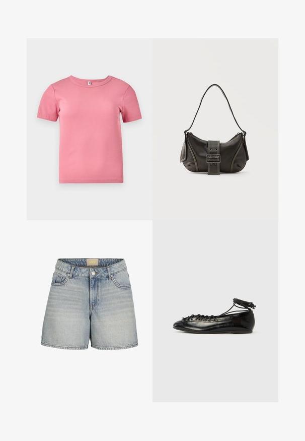 Kurze Ärmel, pinkes, geripptes T-Shirt aus weichem Stoff, mit Rundhalsausschnitt und leicht tailliertem Design.; Helle blaue Denim-Shorts mit hoher Taille, ausgestattet mit einem Knopfverschluss, fünf Taschen und subtilen Ausbleichungen für einen texturierten Look.; Schwarze Ballerinas aus Lackleder mit runder Spitze, Schnürdesign und flacher Sohle. Glatte Textur mit minimaler Verzierung.; Schwarze Leder-Schultertasche mit Schnallengurt-Detail, abgerundeten Kanten und kontrastierenden weißen Nähten auf schlichtem Hintergrund.