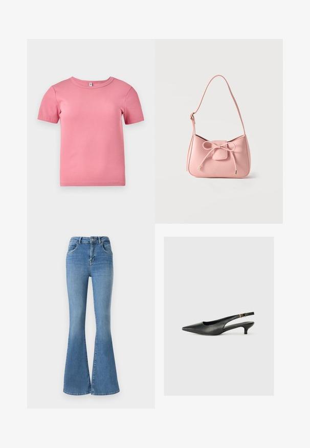 Kurze Ärmel, pinkes, geripptes T-Shirt aus weichem Stoff, mit Rundhalsausschnitt und leicht tailliertem Design.; Ausgestellte Jeans aus blauen Denim, mit einer hohen Taille, Reißverschluss und Knopfverschluss sowie einem ausgebleichten Design mit dezenten Waschungseffekten.; Schwarzer Slingback-Schuh mit spitzem Zehenbereich aus glattem Leder. Mit einem dünnen Absatz und einer dekorativen Schnalle am verstellbaren Riemen.; Kleine Schultertasche in Pastellrosa mit verstellbarem Riemen und vorderem Schleifendetail mit goldfarbenen Enden vor einfarbigem Hintergrund.