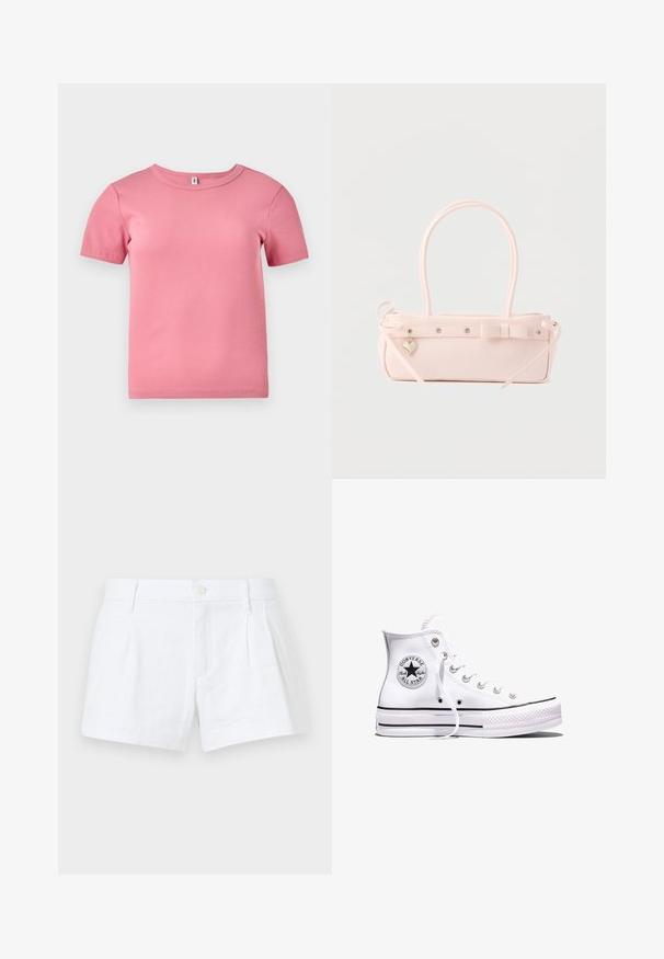 Kurze Ärmel, pinkes, geripptes T-Shirt aus weichem Stoff, mit Rundhalsausschnitt und leicht tailliertem Design.; Weiße Leinen-Shorts mit Falten, Knopfverschluss und Seitentaschen. Besitzt einen taillierten Schnitt und eine glatte Textur.; Weißer Converse Chuck Taylor All Star High-Top-Sneaker mit schwarzen Streifen und Logo-Patch an der Seite, präsentiert vor einem schlichten weißen Hintergrund.; Blassrosa rechteckige Handtasche mit doppelten Griffen, dekorativer Schleife, Metallösen und kleinem herzförmigem Anhänger vor einfarbigem Hintergrund.