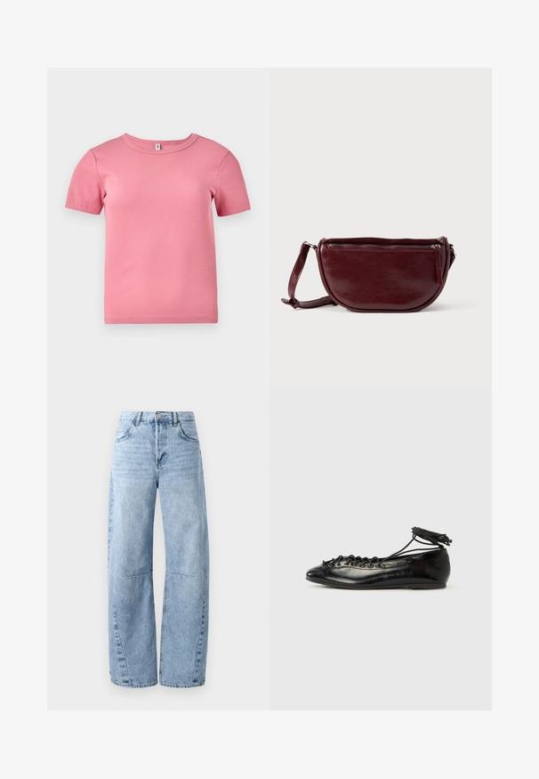 Camiseta de manga corta de color rosa, con relieve y hecha de un tejido suave, que presenta un escote redondo y un diseño ligeramente ajustado.; Vaqueros de mezclilla de pierna ancha en tono azul claro, con cintura alta, cinco bolsillos y un ligero desgastado. Las piernas presentan costuras y costuras visibles.; Zapatos planos tipo ballet de charol negro con punta redondeada, diseño con cordones y suela plana. Textura lisa con detalles mínimos.; Bolso de mano de cuero granate con forma de media luna, cierre de cremallera y una correa desmontable. Textura suave con un brillo sutil.
