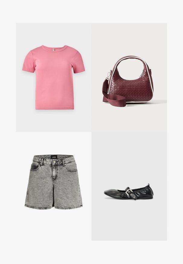 Camiseta de manga corta de color rosa, con relieve y hecha de un tejido suave, que presenta un escote redondo y un diseño ligeramente ajustado.; Pantalones cortos de mezclilla en negro y gris con corte alto, diseño de cinco bolsillos y dobladillo deshilachado. Presenta una textura desgastada y cierre de botón metálico.; Zapato plano de piel negra con puntera afilada, detalle fruncido alrededor de la abertura y un acento de hebilla plateada en la correa ajustable.; Bolso de mano de cuero tejido color granate con asa curva, ribete blanco, cremallera plateada y correa desmontable de tela ancha para el hombro sobre fondo liso.