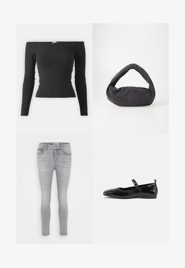 Zwarte off-shoulder top met lange mouwen, versierd met witte stippen en een decoratieve lichtblauwe strik op de rug. Gemaakt van zachte stof.; Lichtgrijze skinny jeans van denim, met een standaard ontwerp van vijf zakken, taillebandlussen en een knoopsluiting.; Zwarte patenten leren ballerina met een spitse neus, een enkelbandje met een gesp en een gladde, glanzende textuur. Lage hak voor comfort.; Donkergrijze stoffen tas met een gebogen handvat, zachte textuur en ronde vorm. Geen zichtbare hardware of versieringen.