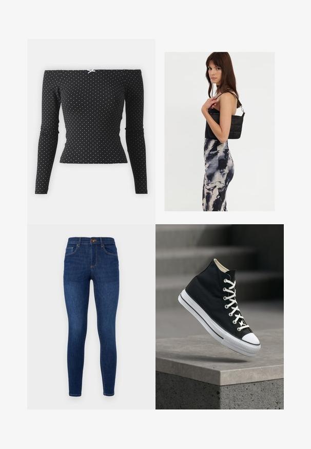 Musta hartialle jätetty toppi pitkillä hihoilla, jossa on valkoisia pilkkuja ja koristeellinen vaaleansininen nauha takana. Valmistettu pehmeästä kankaasta.; Tummansinisiä denim-farkkuja korkealla vyötäröllä, klassinen viiden taskun muotoilu, hienovaraiset kontrastitikkaukset ja metallinen napitus.; Musta korkeavartinen lenkkari valkoisilla nauhoilla ja kumipohjalla tasapainoilemassa harmaan betonialustan reunalla.; Musta tikattu olkalaukku, jossa on yksi hihna ja hopeiset yksityiskohdat, yhdistetty istuvaan krakleerauskuosiseksi mekkoon mustan ja kerman sävyissä.