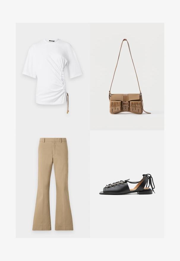 Hvid kortærmet T-shirt med sidelæg og snor, der har guldhardware til justerbar pasform. Glat bomuldsstof.; CLOSED FELISE - Bukser - urban beige; Sort læder åben-tå flad sandal med sølvperle detaljer og snørestropper omkring anklen på en lysegrå baggrund.; Tan skuldertaske med lang rem, central spænde og to forlommer med præget labyrintlignende mønster.