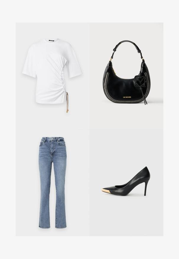 T-shirt courte blanche à manches courtes avec ruching sur les côtés et un cordon de serrage avec quincaillerie dorée pour un ajustement réglable. Tissu en coton lisse.; Jean en denim bleu taille haute avec une coupe droite, présentant un style classique à cinq poches et de subtils accents de couture.; Pompe à talon haut en cuir noir avec bout pointu ; présente une accentuation métallique dorée sur le capuchon. Surface lisse avec un design épuré.; Sac hobo en cuir noir avec surpiqûres blanches contrastantes, forme courbée, ferrures dorées et un charm décoratif en forme de « M » attaché.