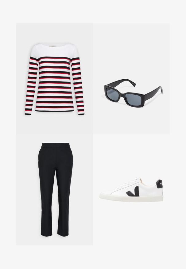 Esprit Camiseta de manga larga - black; Pantalones negros ajustados con pierna recta, hechos de una tela suave. Presentan una cinturilla sin cierres visibles ni bolsillos.; Zapatilla blanca con un logo en V negro, con una parte superior de cuero liso, puntera redonda, cierre de cordones y una lengüeta en el talón de color negro en contraste.; Gafas de sol rectangulares negras con lentes oscuros, montura de plástico grueso y patillas anchas. Superficie lisa y diseño anguloso.
