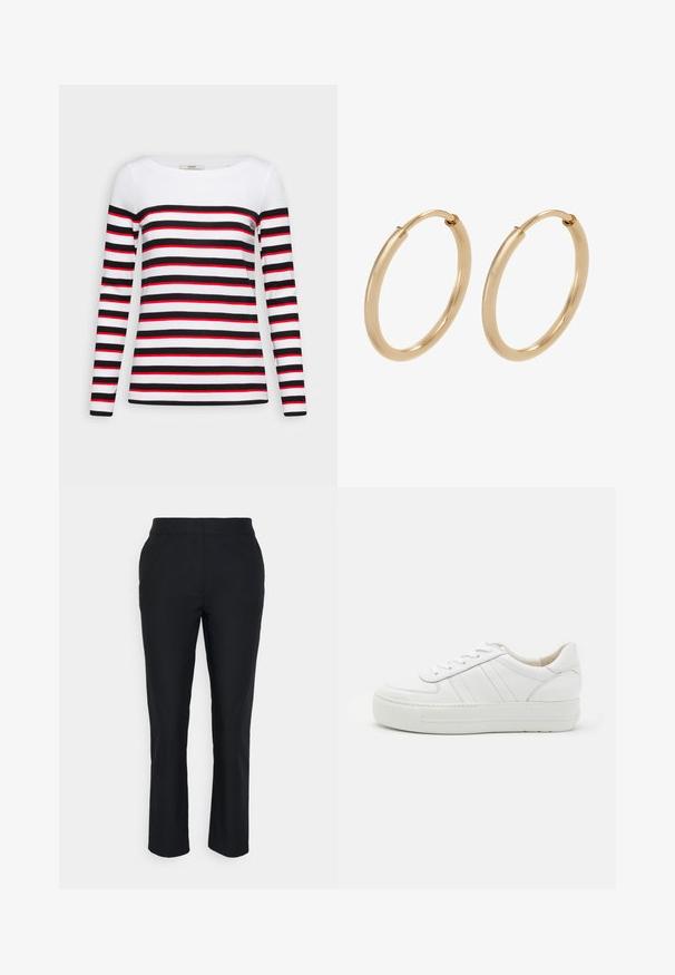 Esprit Longsleeve - black; Zwarte op maat gemaakte broeken met een rechte pijp, gemaakt van soepel materiaal. Heeft een tailleband zonder zichtbare sluitingen of zakken.; Witte leren sneaker met een textuur bovenkant, gewatteerde kraag en platte rubberen zool. Heeft subtiele stiksels en een klassieke vetersluiting.; Gouden creolen met een gladde, gepolijste afwerking. Ronde vorm, middelgrote maat, met een veilige sluitmechanisme.