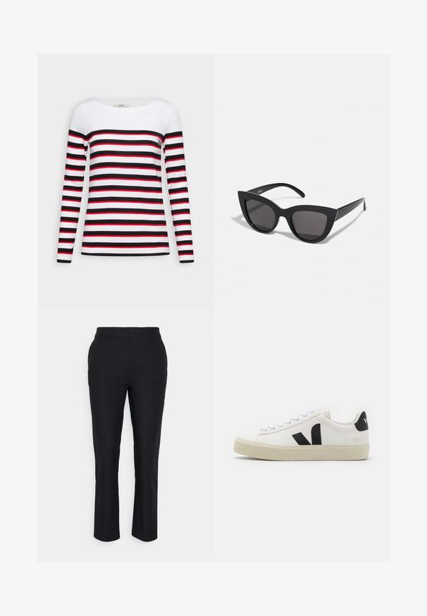 Esprit Langarmshirt - black; Schwarze maßgeschneiderte Hose mit geradem Bein, aus glattem Stoff. Verfügt über einen Bund ohne sichtbare Verschlüsse oder Taschen.; Weißes Leder-Sneaker mit schwarzem Gummi-V-Logo. Strukturierte cremefarbene Sohle, weiße Schnürsenkel und Fersendetail in Schwarz mit dem Markennamen.; Schwarze Cat-Eye-Sonnenbrille mit matter Oberfläche, grauen getönten Gläsern, scharfen Kanten und schlanken Bügeln. Der Markenname ist auf dem inneren Bügel sichtbar.
