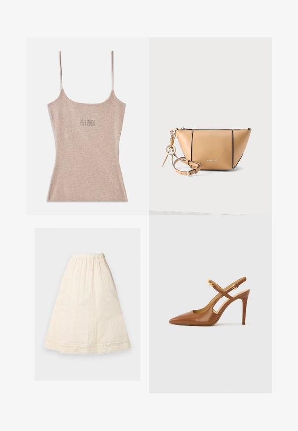 Débardeur beige à côtes avec des fines bretelles réglables. Il présente un décolleté carré et un petit motif imprimé près du centre.; Jupe midi couleur crème, coupe trapèze, taille élastique, panneaux à points d'œillet verticaux, et bordure en dentelle le long de l'ourlet.; Escarpin à talon haut en cuir marron avec bride arrière, bout pointu, doté de brides croisées et d'un talon en bois texturé. Accent doré sur la bride.; Sac bandoulière Michael Kors en cuir camel avec une fermeture éclair, des bords noirs et une bandoulière amovible avec un pendentif logo.