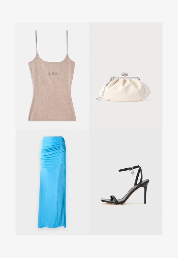 Geribbelde, beige tanktop met dunne verstelbare bandjes. Heeft een vierkante halslijn en een klein gedrukt detail nabij het midden.; Blauwe velours maxi rok met geraffineerde details in de taille, met een zijsplit en een gladde textuur voor een vloeiende silhoeet.; Zwarte sandaal met hoge hak, smalle enkelband, vierkante neus, soepel leermateriaal en metalen gespsluiting.; Crèmekleurige stoffen clutch met een geplooid ontwerp, een zilverkleurig metalen frame, twee decoratieve balletjes en een zilveren kettingriem.