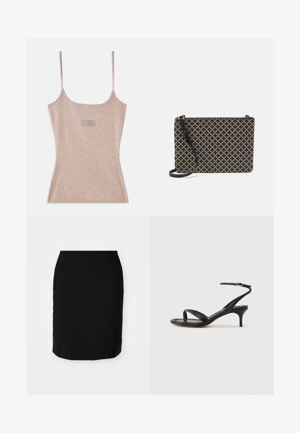 Geribbelde, beige tanktop met dunne verstelbare bandjes. Heeft een vierkante halslijn en een klein gedrukt detail nabij het midden.; Zwarte pencil rok met een gladde textuur, rechte vorm en een lengte tot de knie. Geen zichtbare patronen of hardwaredetails.; Zwarte leren dames sandaal met dunne bandjes, een teengreep, een enkelgesp en een stilettohak van gemiddelde hoogte op een neutrale achtergrond.; Zwarte en beige handtas met een rechthoekige vorm, voorzien van een kruissteekdesign, een ritssluiting en een afneembare zwarte schouderband.