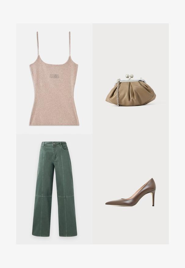 Geribbelde, beige tanktop met dunne verstelbare bandjes. Heeft een vierkante halslijn en een klein gedrukt detail nabij het midden.; Wijde broek van donkergrijze denim, met gestikte naden, vijf zakken en een knoopsluiting bij de taille. Soepele textuur en casual ontwerp.; Bruine leren pump met spits toelopende neus, slanke naaldhak en een gladde afwerking op een lichte achtergrond.; Leren clutch in zacht beige met een afgeronde vorm, geplooide textuur, zilveren kiss-lock sluiting en een afneembare kettingriem.