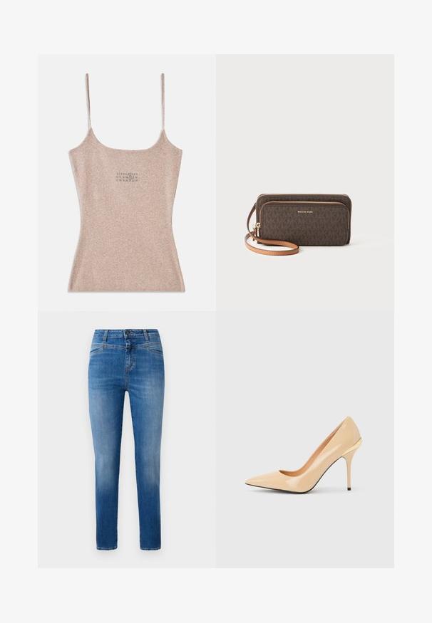 Ribbet, beige top med tynde justerbare stropper. Har en firkantet udskæring og en lille trykt detalje nær midten.; Klassiske blå denimjeans med lige ben, designet med en mellem høj talje, forlommer og orange stikninger som detaljer.; Beige laklæder pumps med høje hæle, spids tå og slank stiletthæl, med en lille guldaccent bagpå.; Brun mønstret pung med lynlåslukning, gyldent hardware og en aftagelig beige rem. Har "MICHAEL KORS" logoen på fronten.