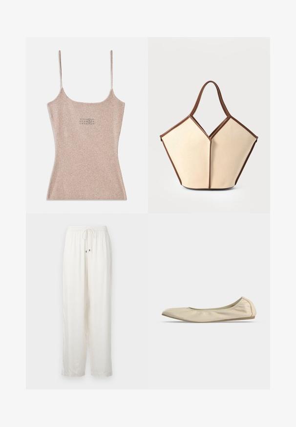 Débardeur beige à côtes avec des fines bretelles réglables. Il présente un décolleté carré et un petit motif imprimé près du centre.; Pantalons blancs légers et amples avec une taille élastique et un cordon de serrage. Présente un subtil éclat et un design à jambe droite.; Ballerine beige en cuir souple avec bout arrondi, profil latéral bas et semelle fine en caoutchouc sur fond blanc uni.; Sac en toile avec un corps crème et des accents en cuir marron. Le design présente une ouverture en V unique et deux poignées courbées.