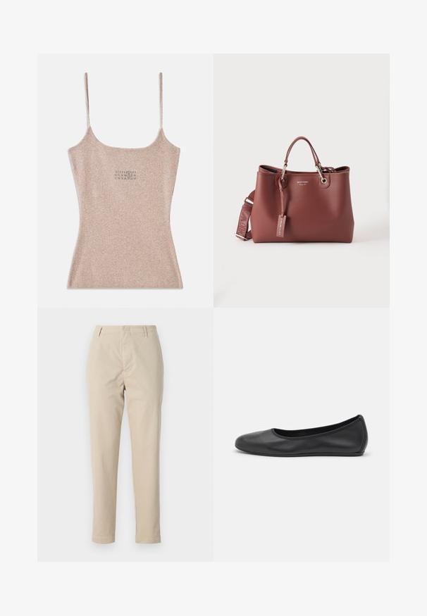 Geribbelde, beige tanktop met dunne verstelbare bandjes. Heeft een vierkante halslijn en een klein gedrukt detail nabij het midden.; Beige katoenen broeken met een rechte pasvorm, riemlussen en een ritsgulp. De stof heeft een gladde textuur en vertoont geen zichtbare patronen of accenten.; Zwarte leren ballerina met een ronde neus, gladde textuur, minimale stikdetails en een flexibele zoolontwerp.; Bruine leren handtas met dubbele handvatten, zilverkleurige hardware, afneembare band en een hanglabel op een effen witte achtergrond.