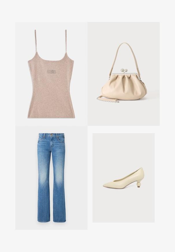 Ribbet, beige top med tynde justerbare stropper. Har en firkantet udskæring og en lille trykt detalje nær midten.; Lysblå fritidsbukser lavet af denim med et falmet design, fem-lomme stil og en knap- og lynlåslukning foran.; Kremfarvet pump med spids tå og lav, unik pæreformet hæl på ensfarvet hvid baggrund.; Beige blød læderhåndtaske med en sølv metalramme-lukning, enkelt skulderstrop og en valgfri kæderem på en hvid baggrund.